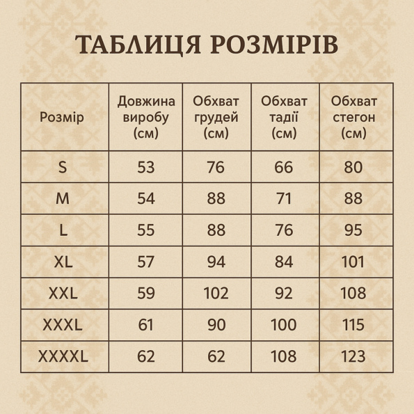 таблиця вишитих футболок для жінок