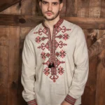 Вишиванка «Козацька червона» з вишивкою на комірі та манжетах